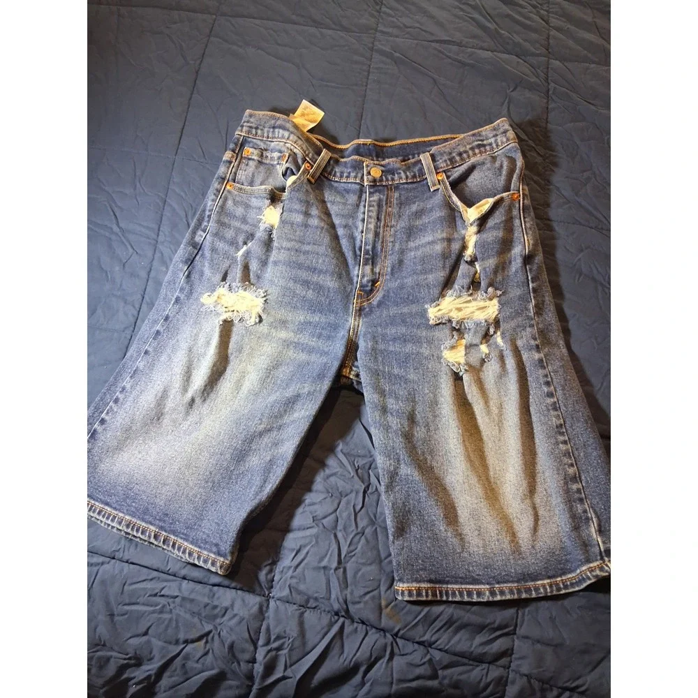 Levis 502 Regular Taper Distressed Denim Shorts Mens 34 Blue Medium‎ Wash Fray